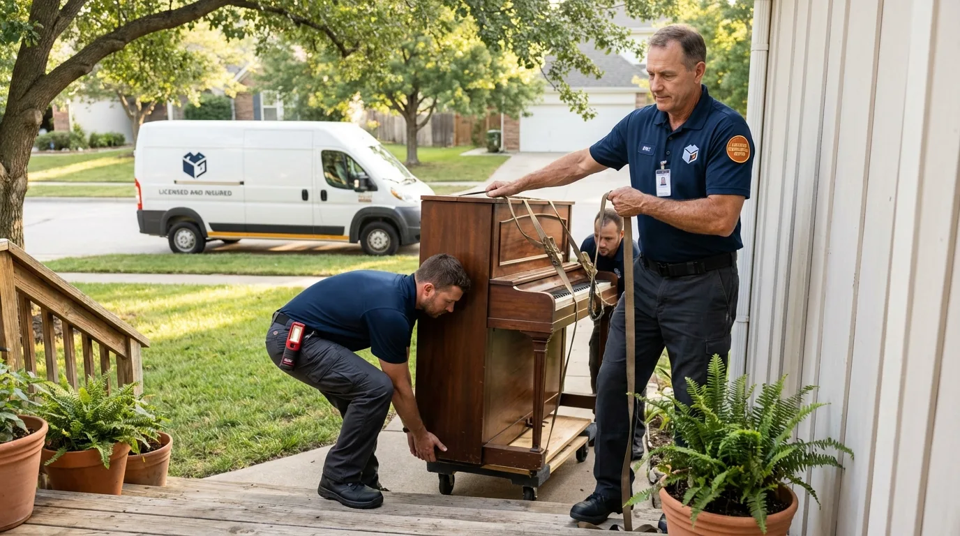 Licensed piano movers securing grand piano in Hamtramck, MI